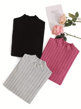 3 Packs Ribbed Mock  Neck T-Shirts, Casual Long Sleeve Top For Spring & Fall, Women's Clothing