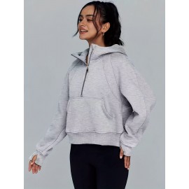 Solid Half Zip Kangaroo Pockets Hoodie, Casual Long Sleeve Hoodie For Spring & Fall, Women's Clothing
